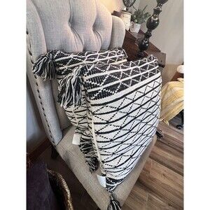 2-Decorative Farmhouse Boho Pillow 20" X 20" Stripe Off White/Black with Tassels
